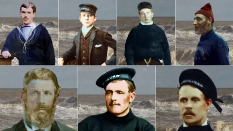 RNLI Clockwise from top left, Tom Morris, Herbert Downing, James Miller Ward, Jack Butcher, Walter Ward, Jack Easter and Charles Crisp