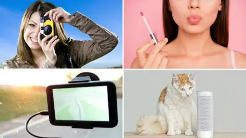 Getty Images Composite image of sat nav, disposable camera, lip gloss and smart speaker