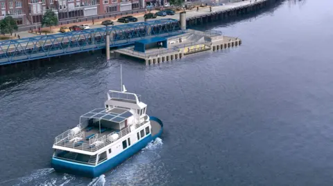 A computer-generated image to show the Shields Ferry on the River Tyne and approaching a new landing at the edge of North Shields Fish Quay. The ferry is blue and white and has an enclosed lower deck and a top deck that is open at the back but has a canopy at the front. Beyond the ferry is the floating pontoon at which passengers embark and disembark and, beyond that, are cars parked along the edge of the fish quay, with buildings and a couple of trees behind. 