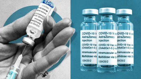 A collage showing two separate images - on the left, a hand holding a Covid vaccine and syringe, and on the right, three vials containing the AstraZeneca Covid vaccine. The images are in three colourways - grey, white and blue.