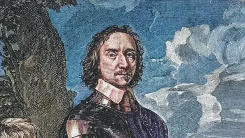 Getty Images Artist's drawing of Oliver Cromwell wearing armour next to a tree