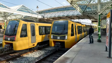 Nexus Computer generated Image of two new Metro trains at Tynemouth station