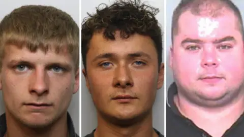 Mugshots of Vincent Bruce, Harry Hollowell and Piotr Szor. All of them are looking directly at the camera with blank expressions.