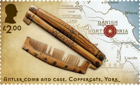 Royal Mail A stamp featuring an image of an antler comb and case found in York