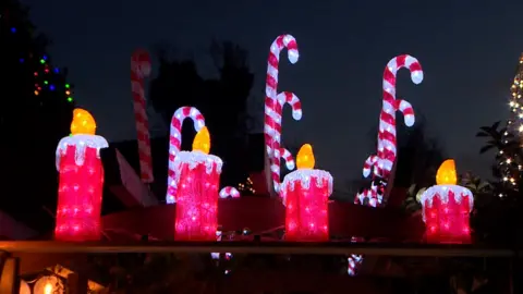 Christmas display showing candles and candy canes