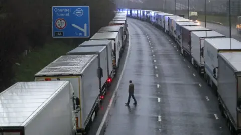 PA Media Lorries queuing near Folkestone
