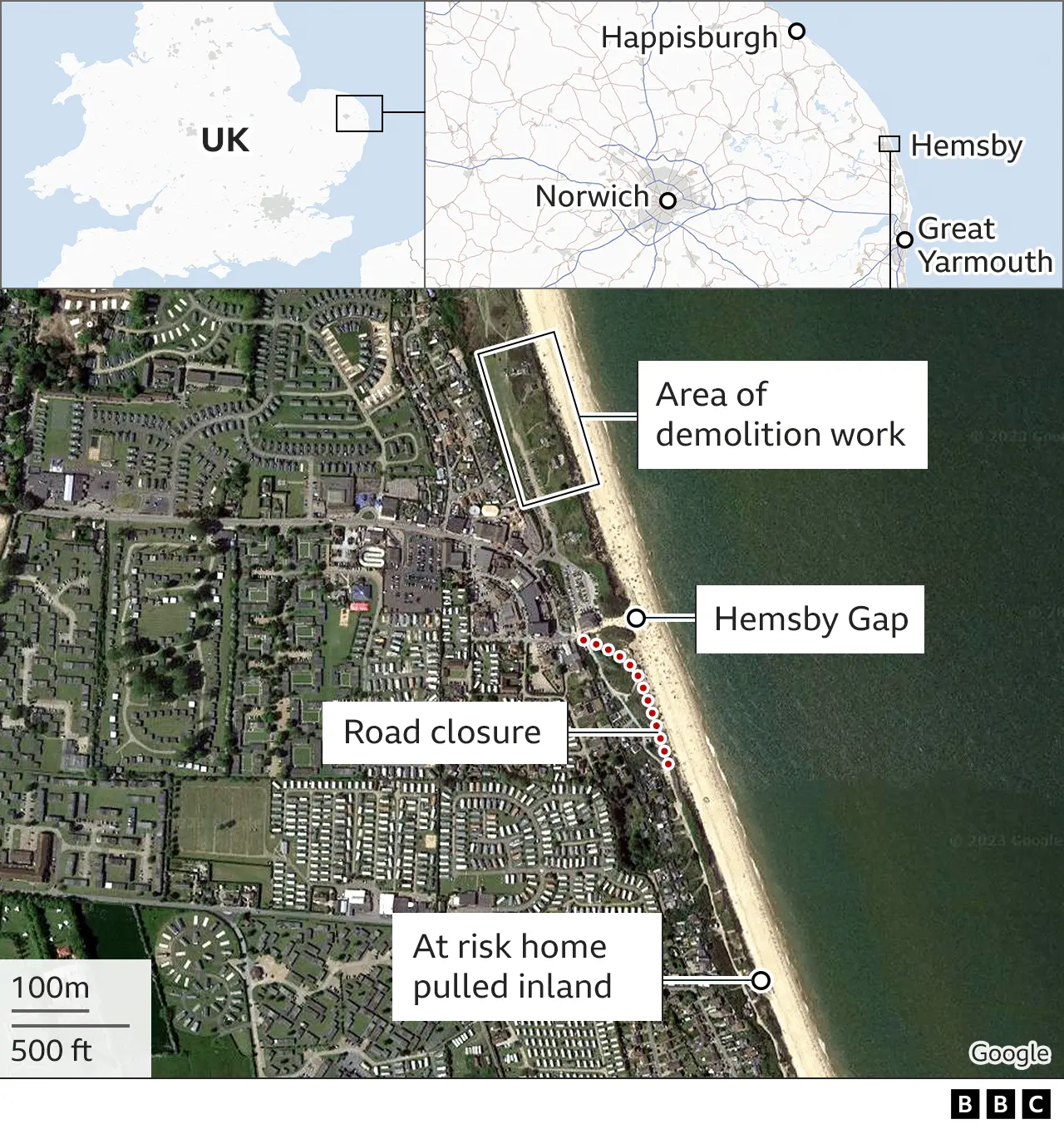 Map showing Hemsby beach at the detail of where demolition work has taken place north of The Marrams