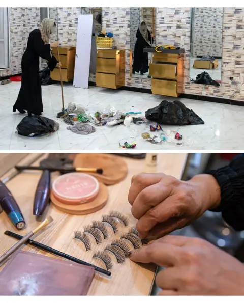 Nava Jamshidi/BBC A woman sweeping a closed-down beauty parlour (top) and reopening a covert parlour at home (bottom)