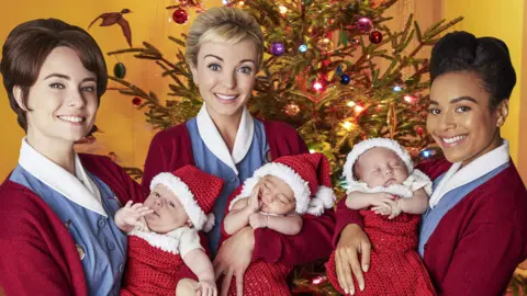 BBC/Neal Street Jennifer Kirby, Helen George and Leonie Elliott in Call the Midwife