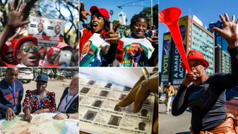 Reuters/AFP Top left: MDC supporters (Reuters). Top centre: Zanu-PF supporters (AFP). Left an MDC supporter with a vuvuzela by a large Zanu-PF electoral poster (AFP). Bottom left: EU election observers (AFP). Bottom centre: Voters' roll (AFP)