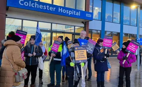 Simon Dedman/BBC RCN picket outside Colchester Hospital