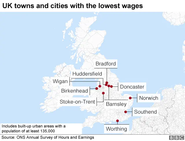 UK towns and cities with the lowest wages