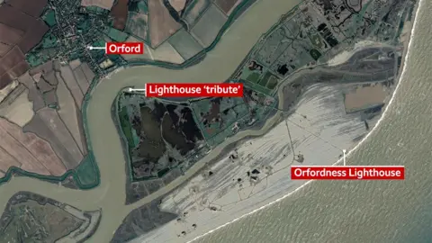 Google Map showing where a tribute to the lighthouse will be built closer to the village of Oford