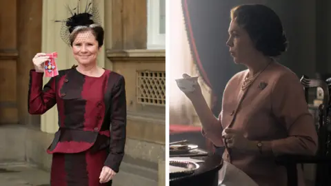 Reuters/Netflix Imelda Staunton receiving her MBE and Olivia Colman in The Crown