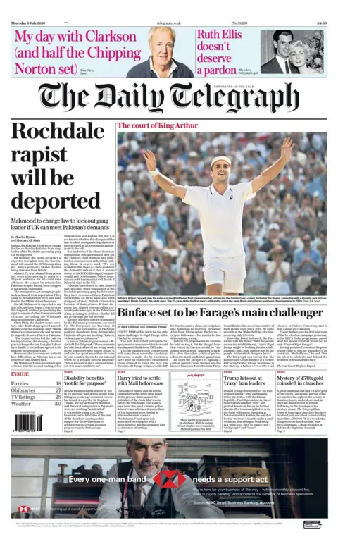 The headline for the front page of the Daily Telegraph reads: 'Rochdale rapist will be deported.'