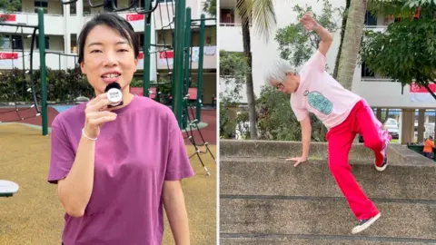 The BBC's Kelly Ng in a split screen with a woman with grey hair wearing pink and doing parkour.