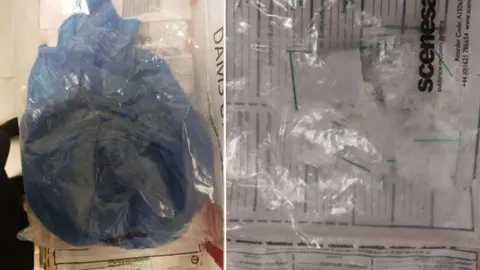 Kent Police Two images of packages of drugs side by side. Both are resting on white paper. One is a white powder substance and the other is in a black bag. 