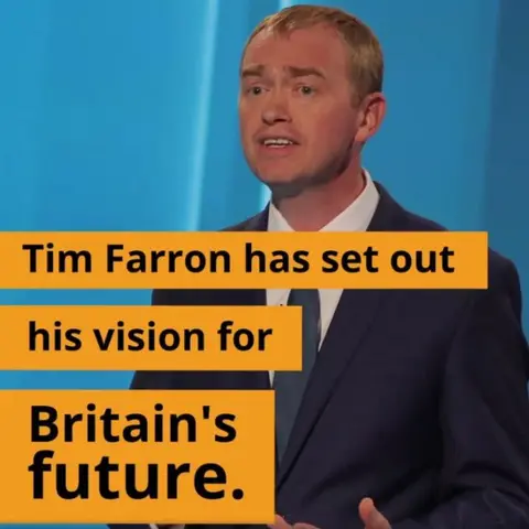 FACEBOOK/LIBDEMS Ex-Liberal Democrat leader Tim Farron and text "Tim Farron has set out his vision for Britain's future"