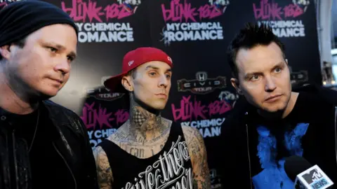 Getty Images Musicians Tom DeLonge, Travis Barker and Mark Hoppus of blink-182