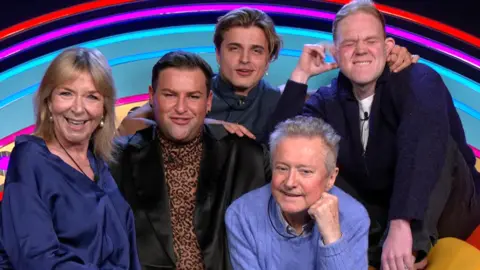 Shutterstock for Big Brother Fern Britton, David Potts, Nikita Kuzmin, Louis Walsh and Colson Smith in the diary room