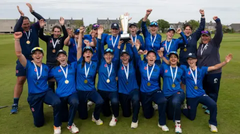 Cricket Scotland The Scotland women's Under 19 T20 squad celebrate their qualification for the World Cup