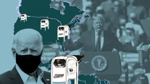 BBC/Getty Images Illustration showing Donald Trump at a rally, Joe Biden wearing a mask, and post boxes, over a map of North America