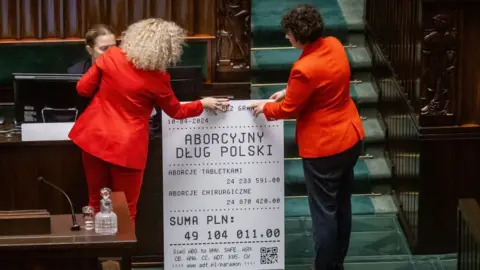 WOJTEK RADWANSKI/AFP Polish Minister for Equality Katarzyna Kotula (L) and New Left party MP Anna Maria Zukowska put up a mock-up of an invoice" for how much money the Polish government owes to pro-choice organisations for securing abortions for women who needed it, at the Polish Parliament on the day Polish MPs start a long-awaited debate on liberalising abortion laws, in Warsaw, Poland on April 11, 2024