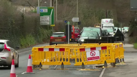 BBC Car queuing at roadworks