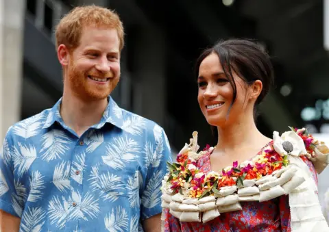 Getty Images Prince Harry, Duke of Sussex, and Meghan, Duchess of Sussex, visit the University of the South Pacific on 24 October 2018 in Suva, Fiji