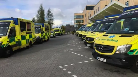 BBC Ambulances queuing outside Southmead Hospital