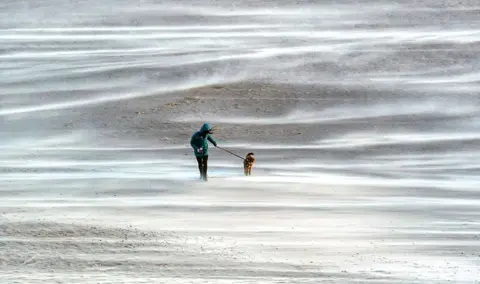 Owen Humphreys / PA Media A person walking a dog on Tynemouth beach on the north-east coast, as Storm Otto hits parts of Scotland and north-east England