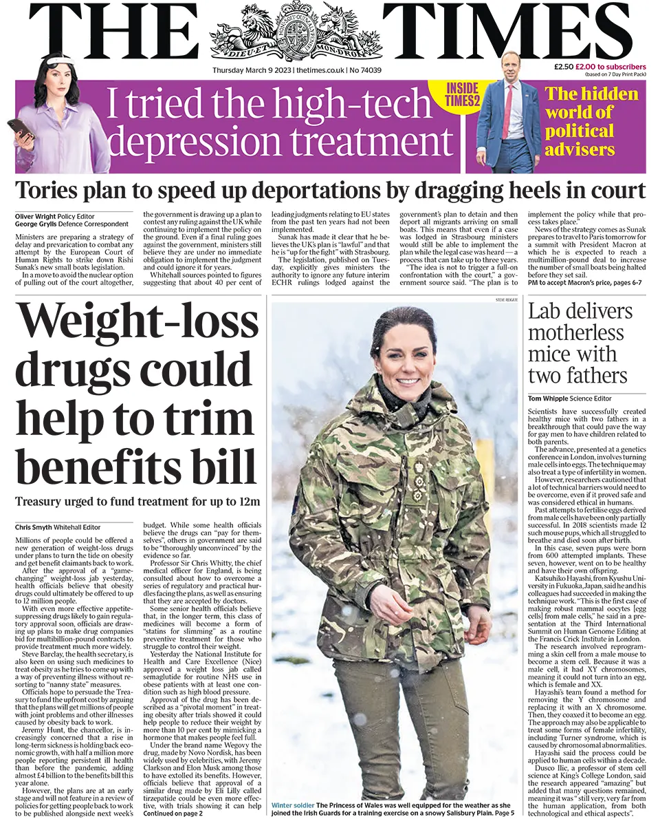 The headline in the Times reads: "Weight-loss drugs could help to trim benefits bill"