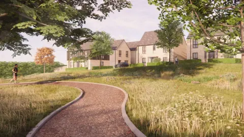 An artist's impression of the new housing development. The houses, which are built of light stone and partially wood-clad are clustered together in a green area, surrounded by trees and a grassy area. A man jogs on a curved path in front of the estate. 