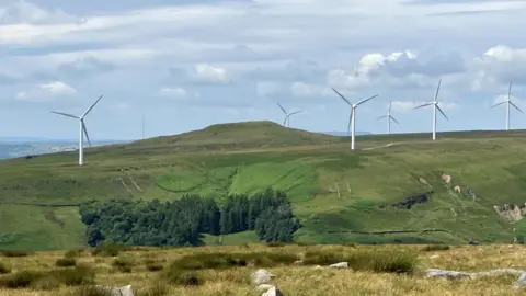 Photograph of turbines at the Scout Moor wind farm. The picture is taken from the Cotton Famine Road on the hills above Norden in Rochdale.
