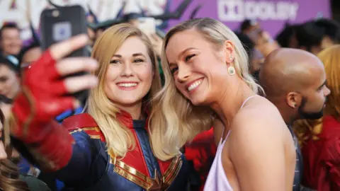 Getty Images Brie Larson and fan at the Avengers: Endgame premiere