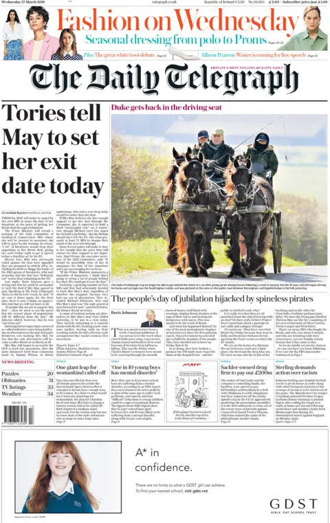 BBC Daily Telegraph front page, 27/3/19