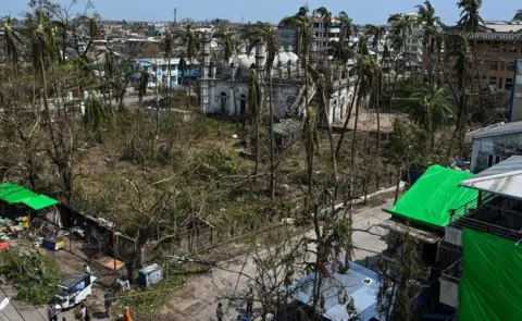 Getty Images The damage caused by cyclone Mocha in Sittwe in Myanmar's Rakhine state on May 17, 2023.