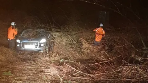 Ian Longstaff Men clear fallen tree off car