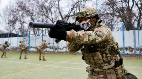 Getty Images Azov Battalion training camp at a former holiday resort near Mariupol, February 2019