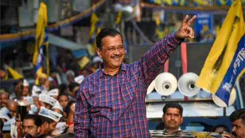 Getty Images Arvind Kejriwal, Chief Minister of Delhi seen during a road show which is the part of Election Campaign for upcoming MCD Elections 2022 at Roshanara Road on November 30, 2022 in New Delhi, India.