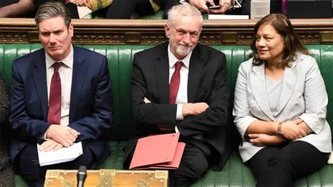 UK Parliament/Jessica Taylor Jeremy Corbyn (centre) in the Commons, flanked by Shadow Brexit Secretary Keir Starmer and Shadow Leader of the House Valerie Vaz