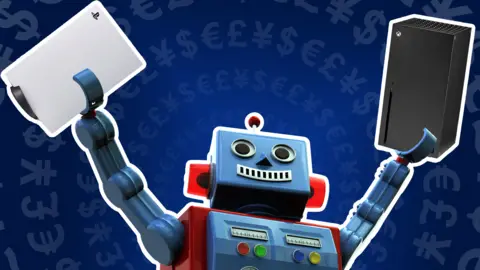 Getty Images A photo illustration shows a toy robot waving a PlayStation 55 and Xbox Series X in the air, against a blue background littered with currency symbols radiating outwards in concentric symbols