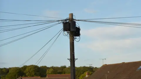 A telegraph pole with cables attached above the rooftops of houses in the background.