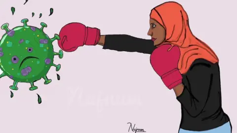 Nujuum Hashi  An illustration of a woman in boxing gloves punching coronavirus