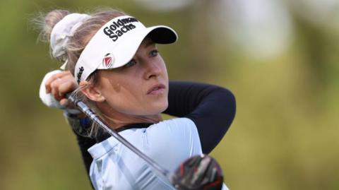Nelly Korda watches her drive in New Jersey 