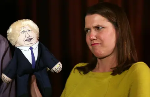 David Cheskin / PA Media Jo Swinson with a puppet of Prime Minister Boris Johnson