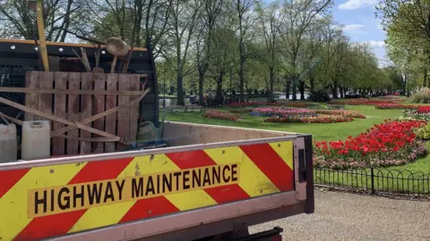 BBC Work underway to renovate the pathways on Bedford's Embankment
