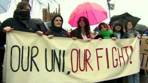 BBC Students joined staff on the picket line outside Queen's University in Belfast