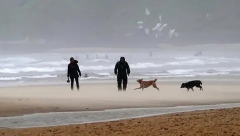 PA Media Walkers on a windy Tynemouth beach