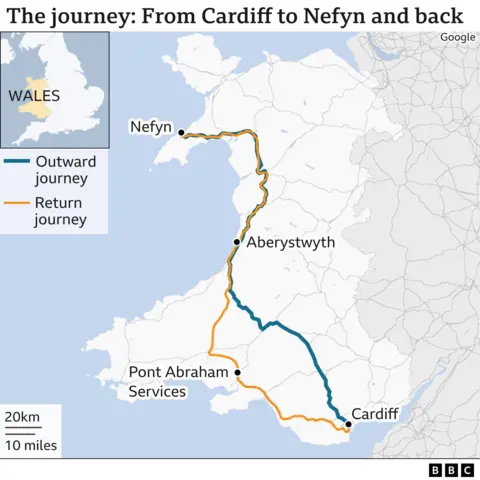 Map showing journey from Cardiff to north Wales